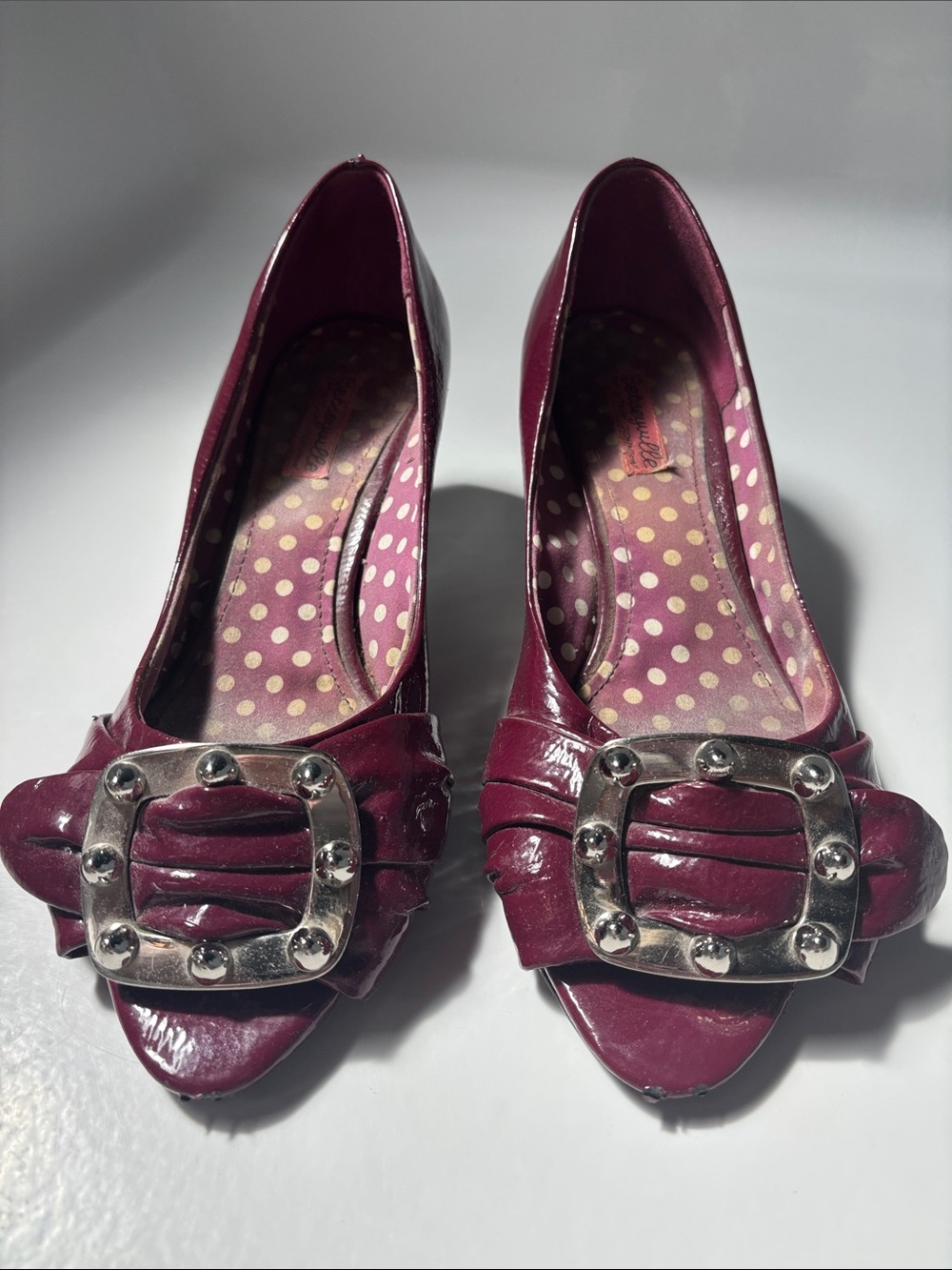 Women’s Wine Peep Toe Heels with Silver Buckle Accent